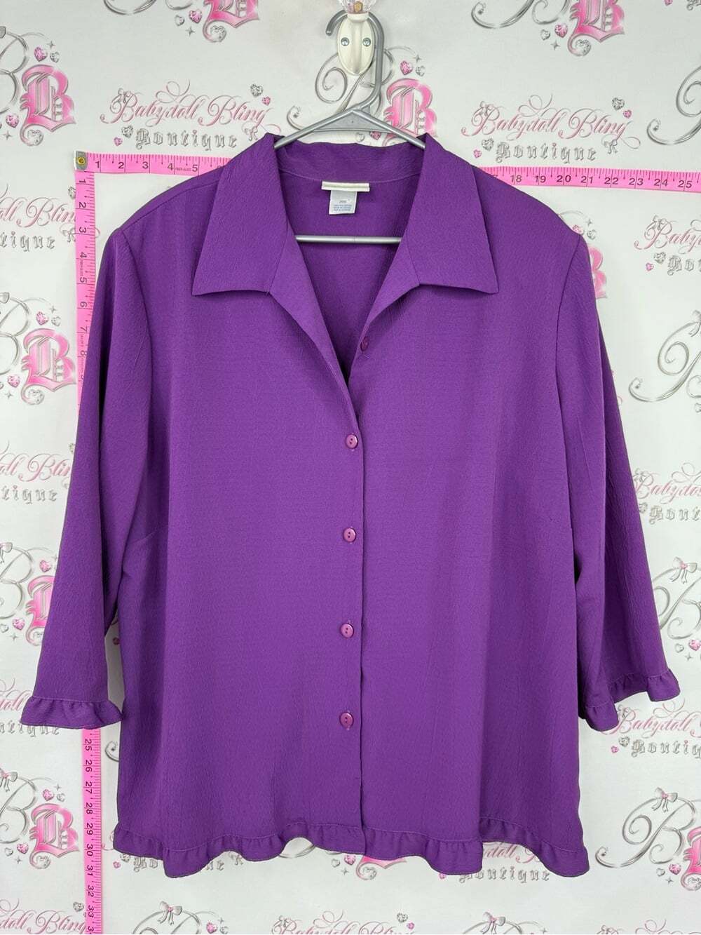 Delta Burke ruffle blouse button up Purple Button-Front Collared Blouse